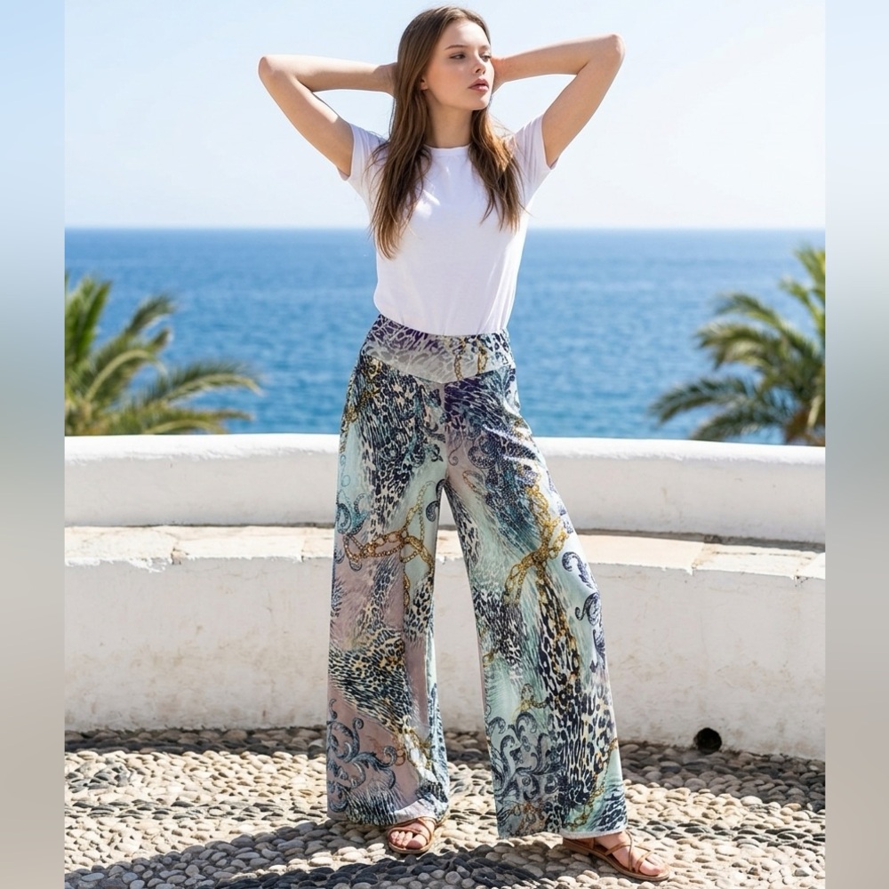 S-Twelve Boho Rhinestone Palazzo Pants Wide Leg Animal Print Chain